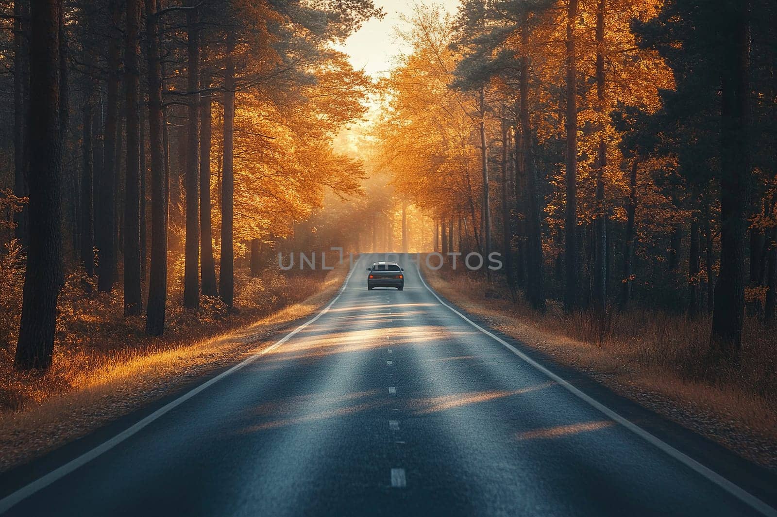 Rear view of a car driving along a beautiful highway surrounded by autumn trees.