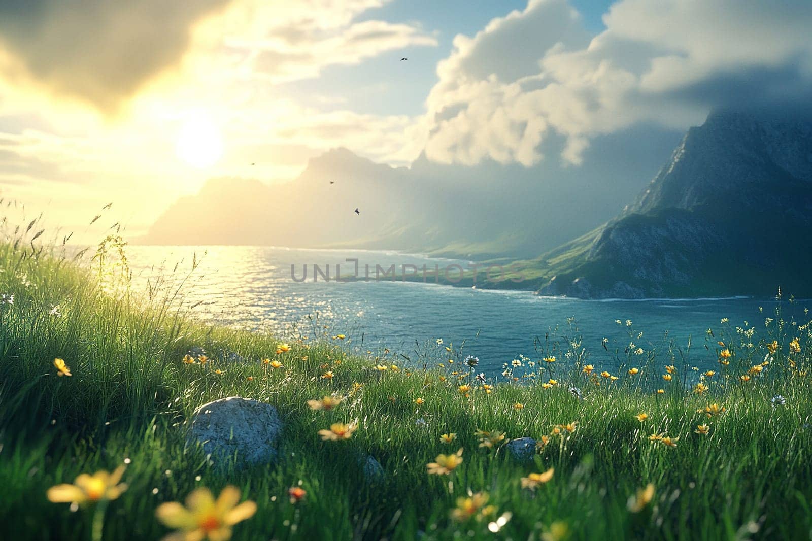Green grassy shore with wild flowers close-up surrounded by ocean water. Cozy bay against cloudy sky.
