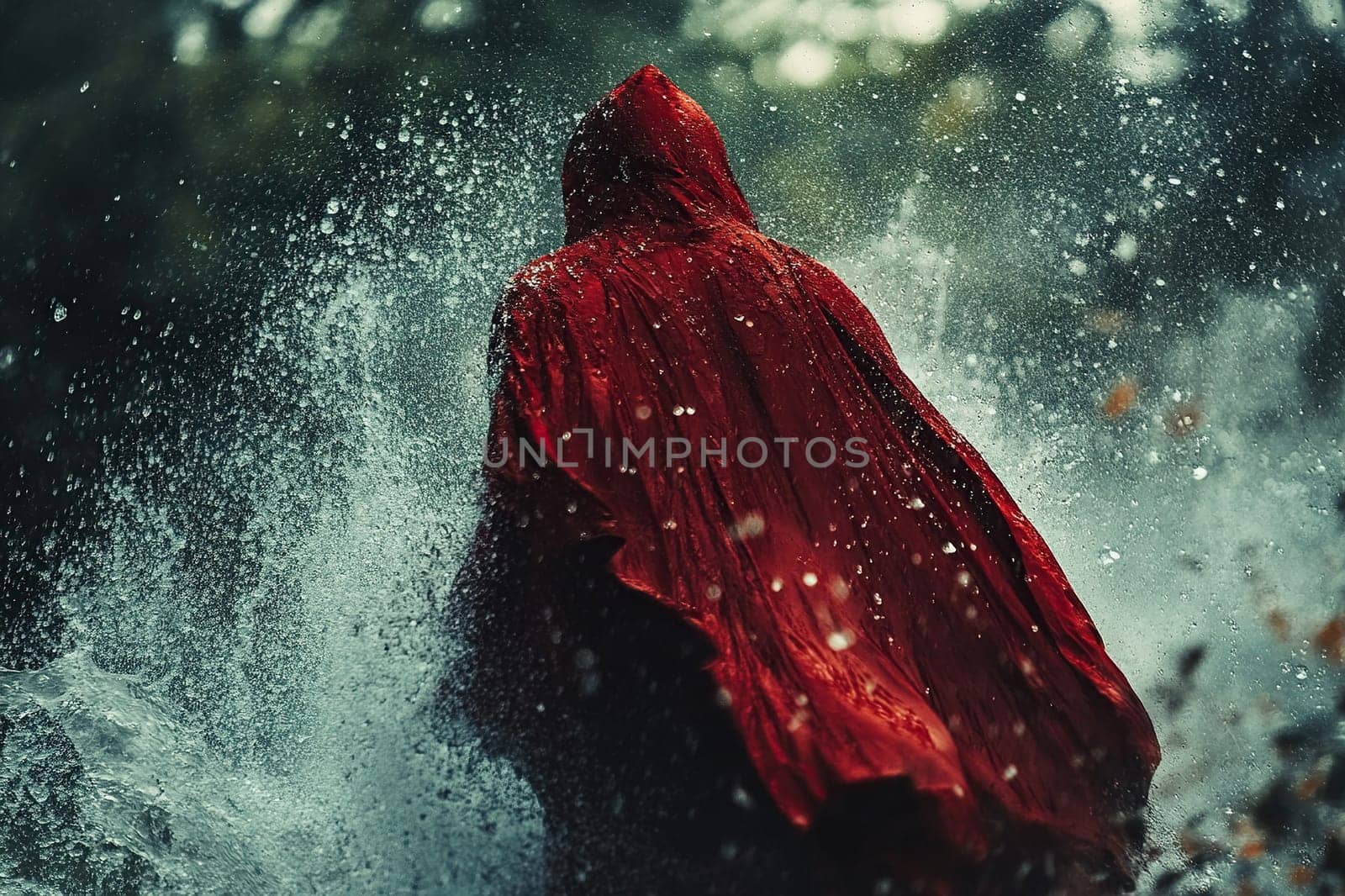 Silhouette of a man in a red hooded cloak against the background of pouring rain.