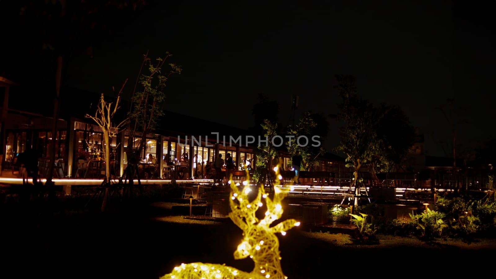 Illuminated reindeer decoration with festive lights at night, outdoor setting with building in the background.