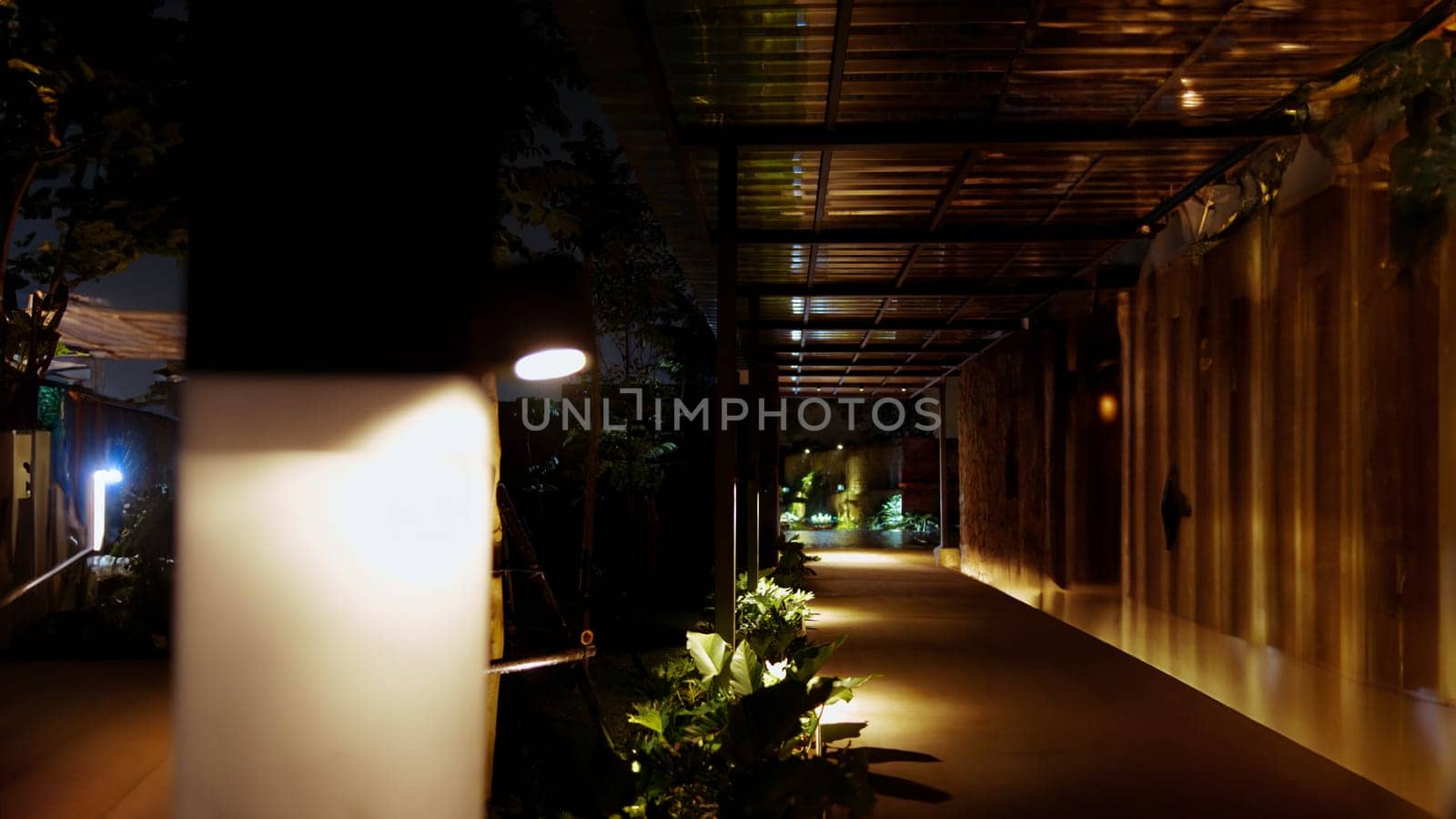 a dimly lit walkway at night with plants and flickering light at a cafe