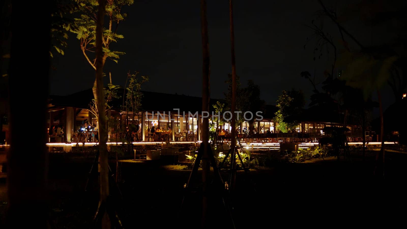 Nighttime view of a lit-up building with warm lights, surrounded by darkness and silhouetted foliage.