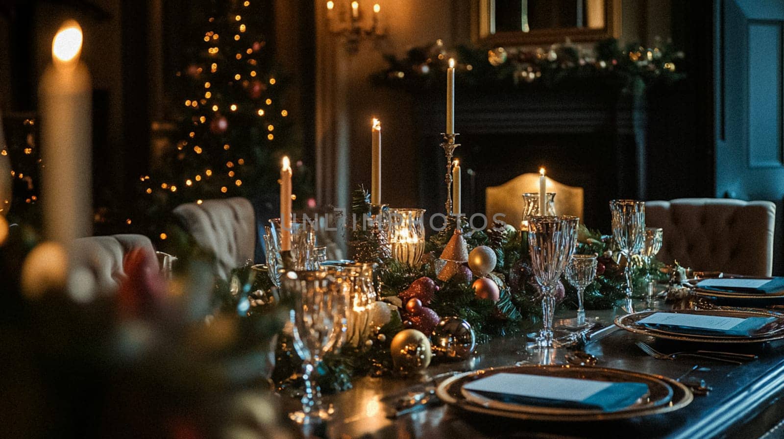 Country manor decorated for Christmas, Merry Christmas holiday idea