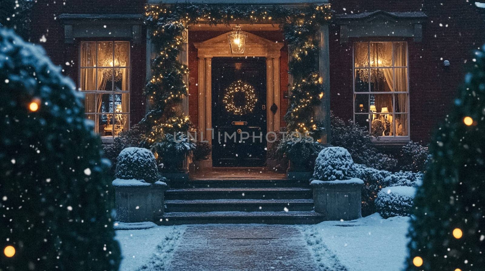 Country manor decorated for Christmas, Merry Christmas holiday idea
