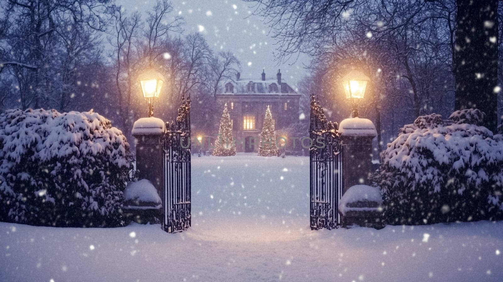 Country manor decorated for Christmas, Merry Christmas holiday idea