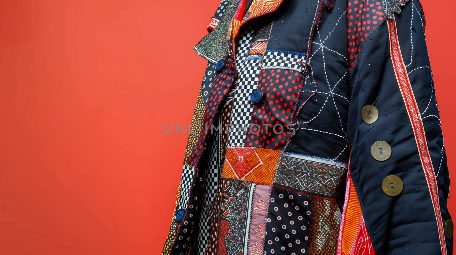 The model stands confidently, displaying a unique patchwork jacket adorned with colorful patterns. The bright red background highlights the intricate details of the garment - Generative AI