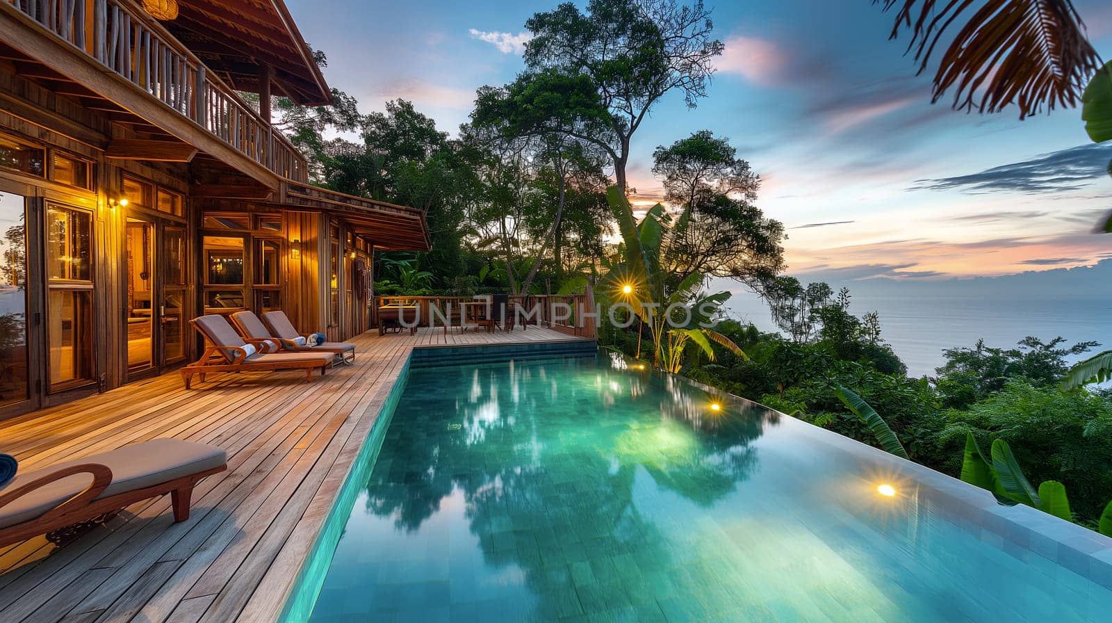 Serene sunset view from a luxurious villa with a pool, creating a tranquil atmosphere with a sparkling infinity pool and lush greenery surrounding it - Generative AI
