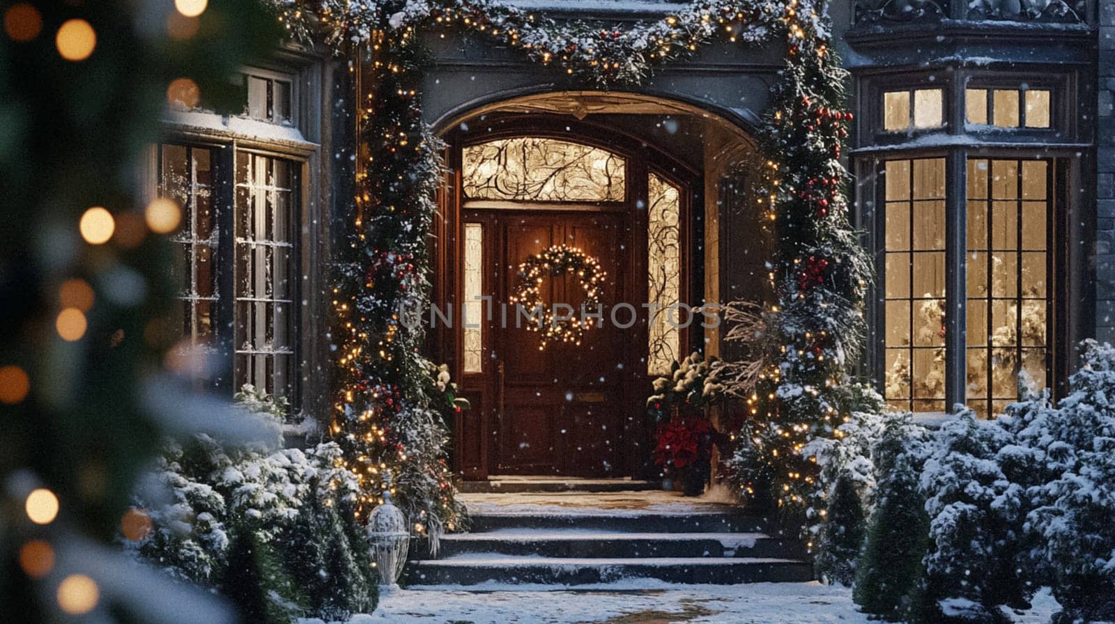 Country manor decorated for Christmas, Merry Christmas holiday idea