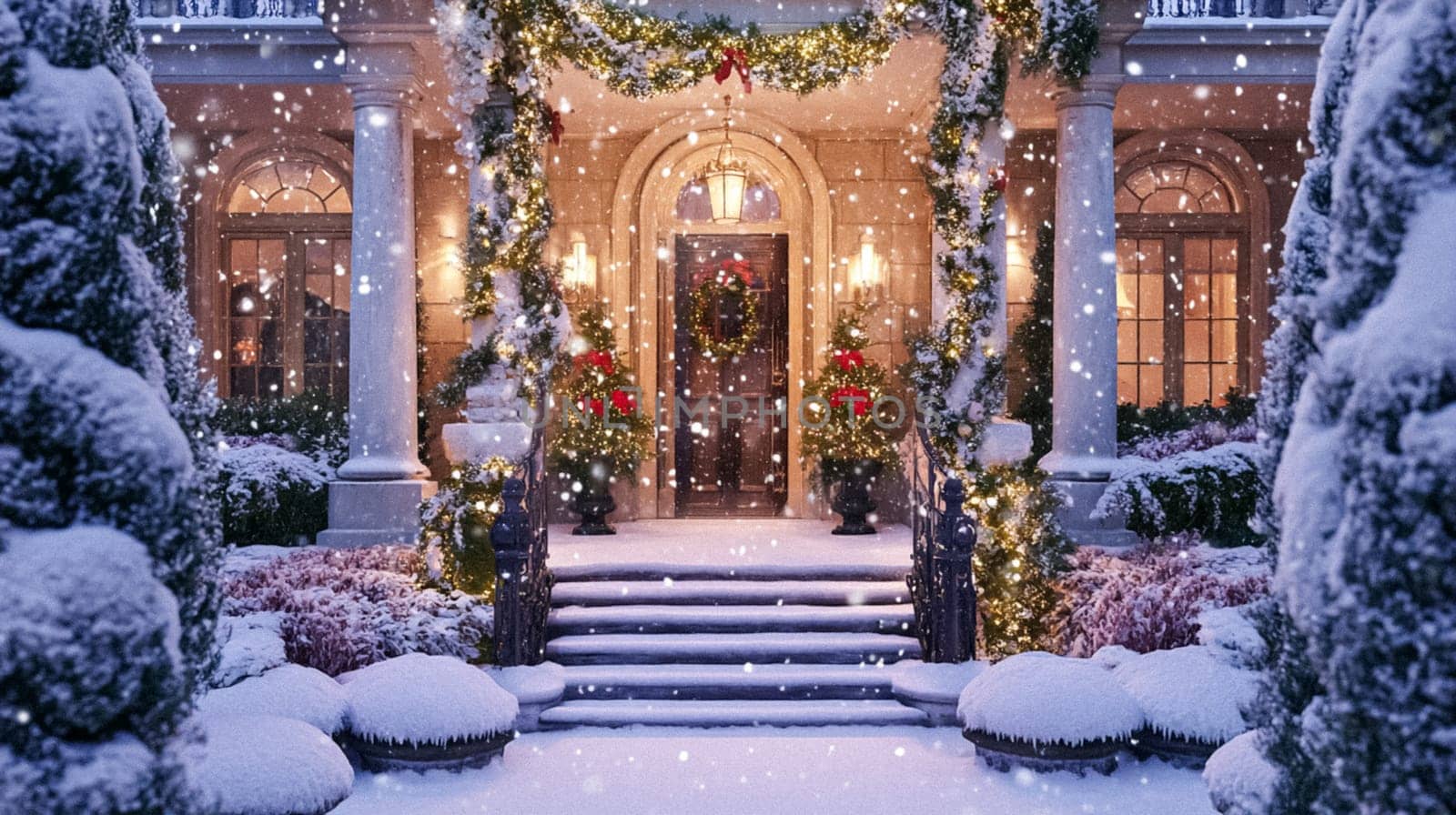 Country manor decorated for Christmas, Merry Christmas holiday idea