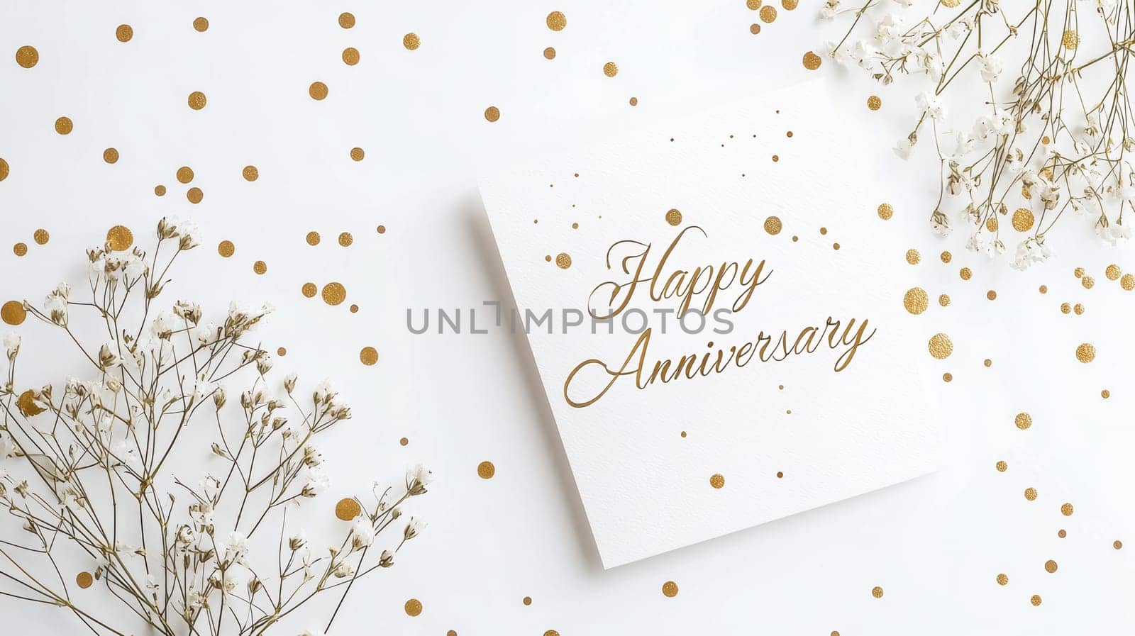 Minimalist anniversary card featuring subtle gold accents on a clean white background. includes a blank center designed for a personal message. elegant, versatile design ideal for celebrating anniversaries with sophistication.