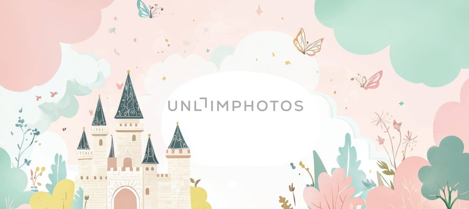 Enchanting fairy tale greeting card template features a whimsical castle in soft pastel hues, surrounded by fairy dust and clouds. a blank center provides space for a custom message, ideal for children's events or magical celebrations.