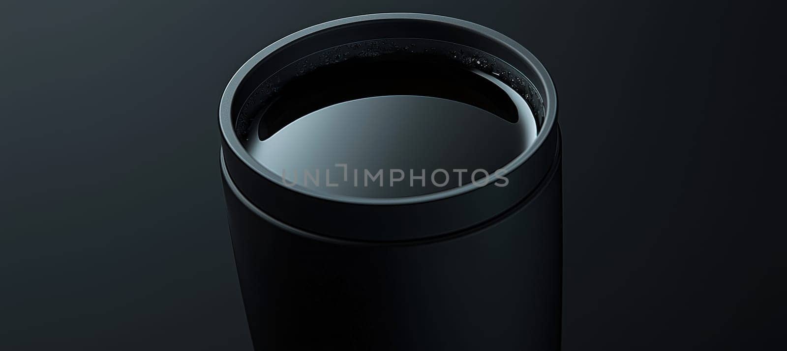 Semi-transparent sticker seamlessly blends with a glossy black mug, showcasing a modern design concept. subtle lighting emphasizes the sticker's edges, the interplay of texture and gloss against a softly blurred background.
