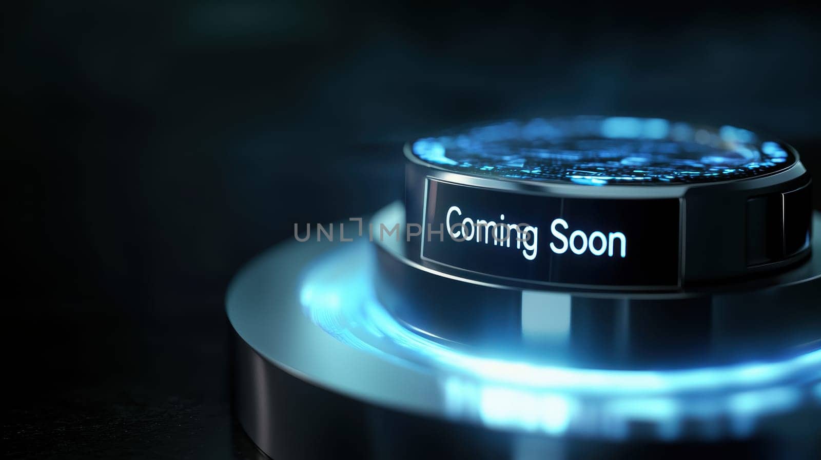 A cutting-edge smartwatch design showcased on a rotating platform, complete with a glowing "coming soon" holographic display. the sleek, modern aesthetic highlights the innovative technology and futuristic concept of wearable tech.