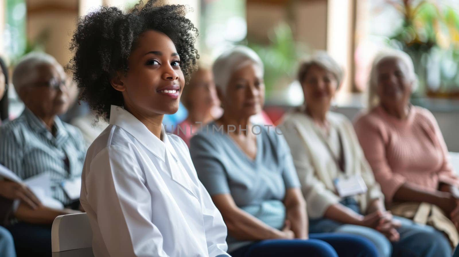 Healthcare professional discussing arrhythmias with attentive senior citizens in a community center setting. focus on education, promoting understanding of heart health among older adults in an inviting and supportive atmosphere.
