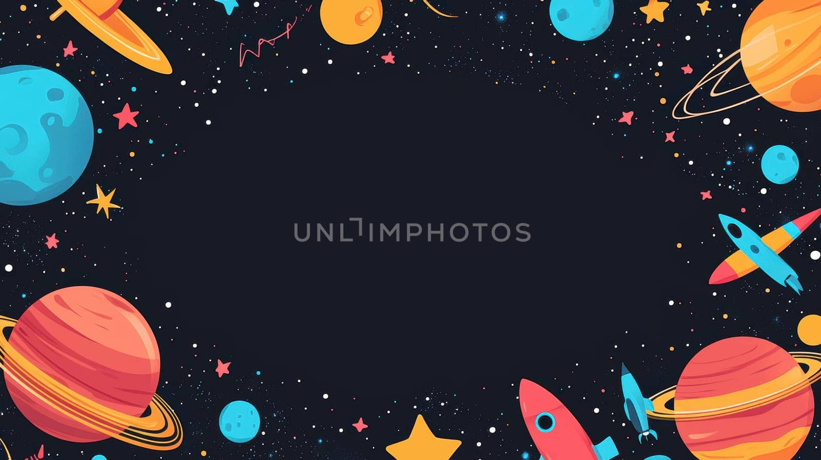Playful space-themed greeting card template featuring colorful planets, rockets, and stars on a black background. the central area is left blank for a custom message. ideal for children's parties or adventurous greetings.
