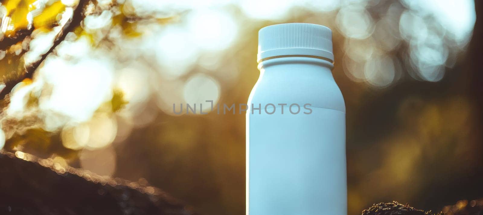 Die cut sticker logo on a sleek white water bottle set against a blurred outdoor nature background. the scene evokes a fresh, active vibe, perfect for promoting branding, outdoor activities, and lifestyle products.