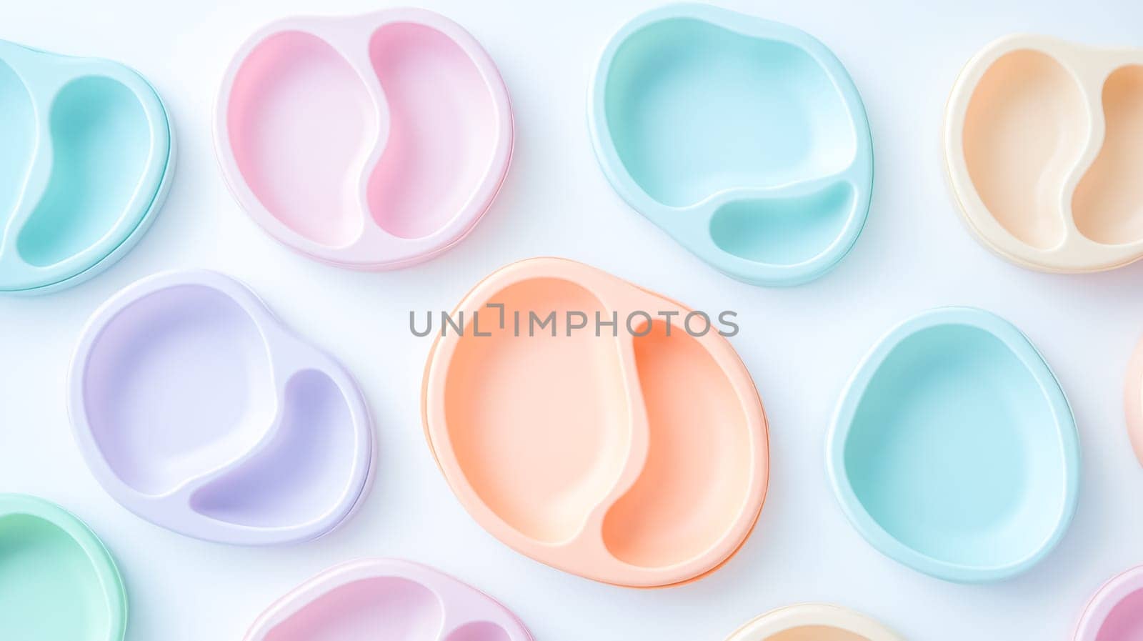 Several pastel colored silicone baby plates with suction cups are arranged on a white background. Creating a visually appealing pattern. Promoting safe and enjoyable mealtimes for babies and toddlers