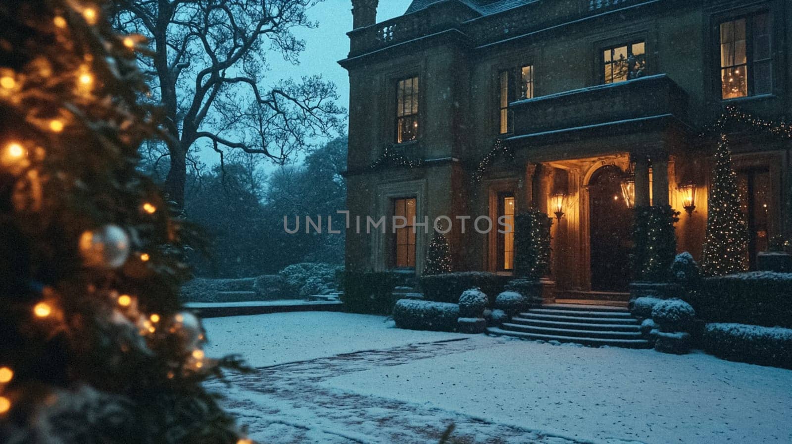 Country manor decorated for Christmas, Merry Christmas holiday idea