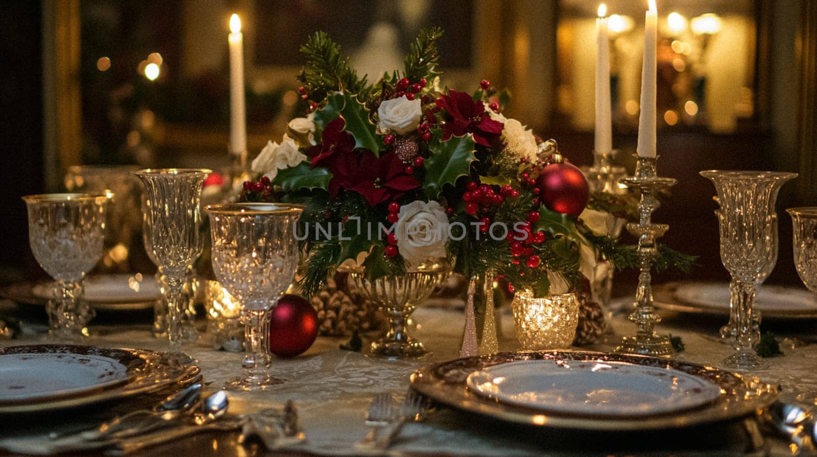 Country manor decorated for Christmas, Merry Christmas holiday idea