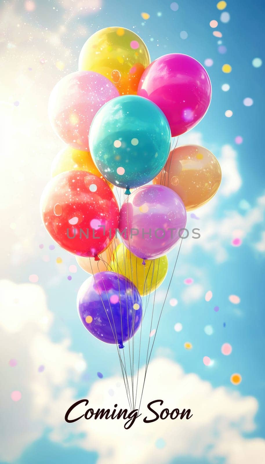 A vibrant collection of multicolored balloons floats against a clear blue sky, surrounded by festive confetti and gentle lens flare. ideal for announcements and celebrations, the image conveys a cheerful and uplifting atmosphere.