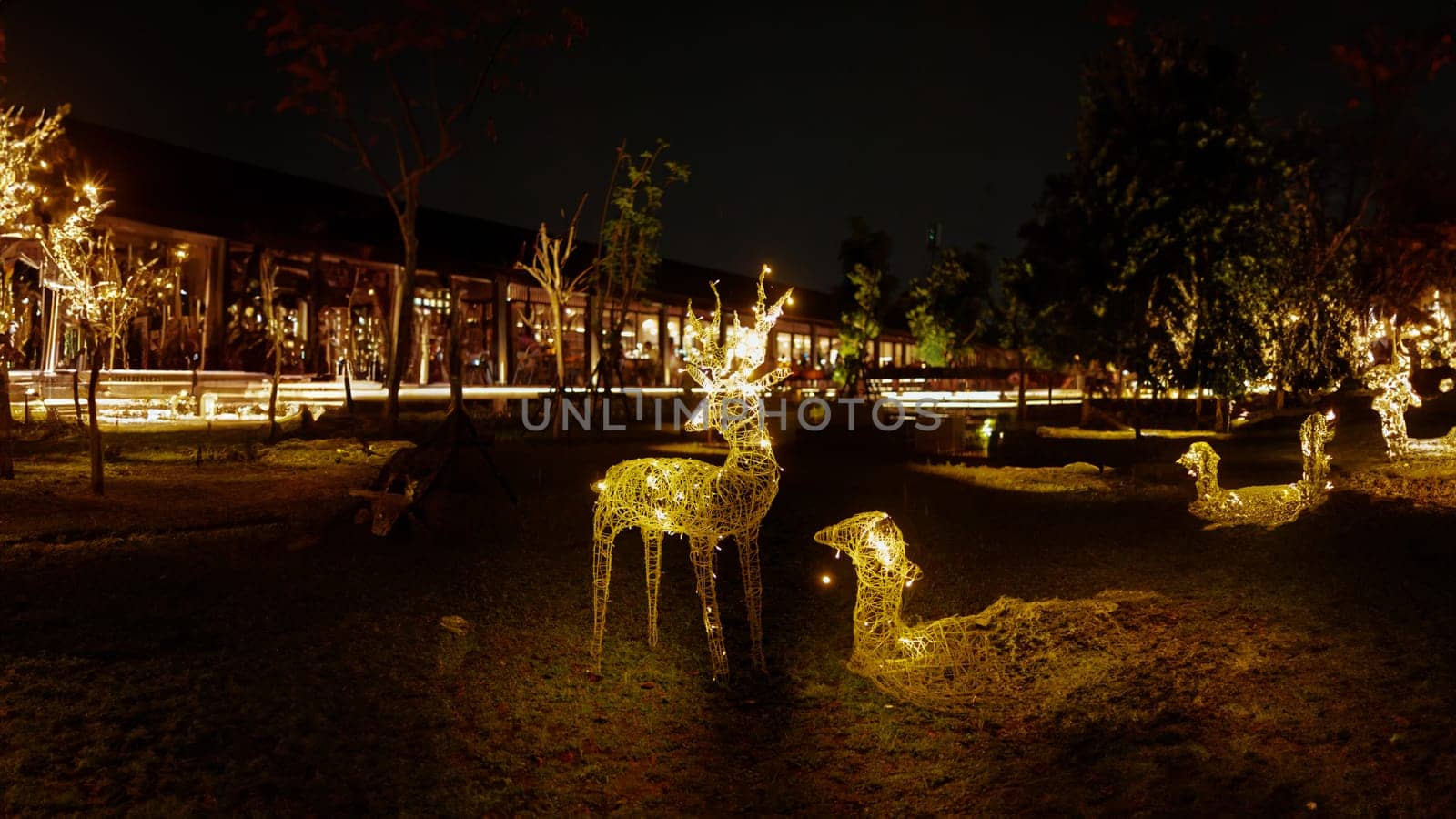 Illuminated reindeer Christmas decoration at night with ambient building lights in the background.