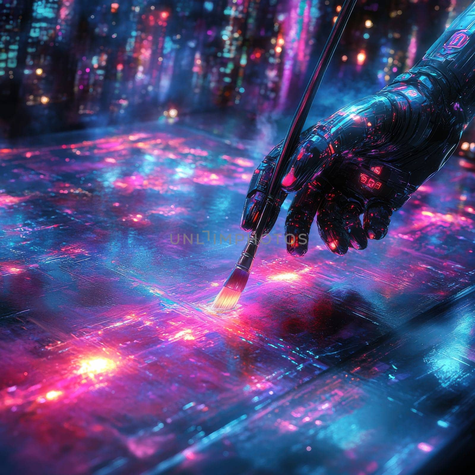 An artist engages in a vibrant digital painting blending advanced technology with creative expression in a neon-lit atmosphere.