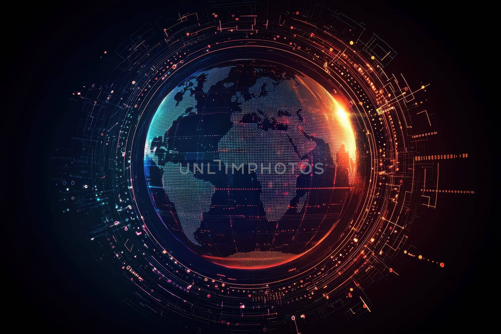 This vivid illustration showcases Earth enveloped in a network of digital circuits and radiant lights, symbolizing global connectivity and technological innovation.