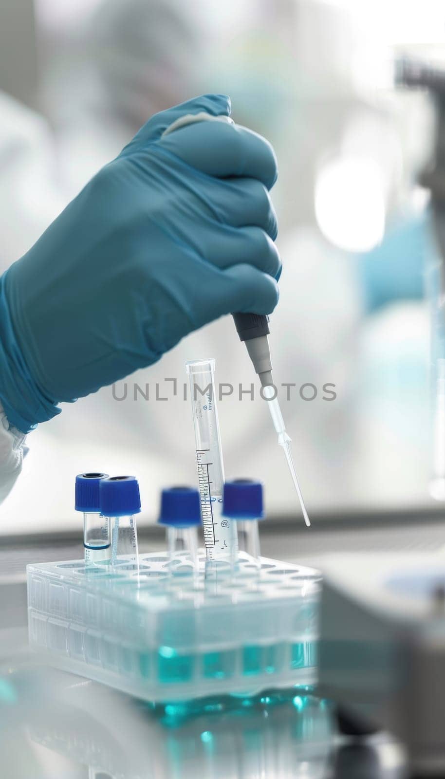 A bioengineers gloved hands skillfully use a pipette to transfer liquid samples in a sterile laboratory setting. the image highlights precision and care in scientific research, essential in biotechnology and medical fields.