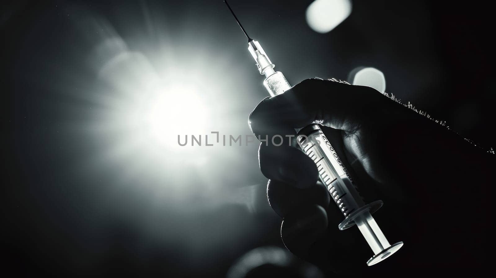 Hand tightly crushing a syringe against a backdrop of bright light, symbolizing triumph over drug addiction. the high contrast design effectively highlights the theme of overcoming narcotics, ideal for awareness campaigns.