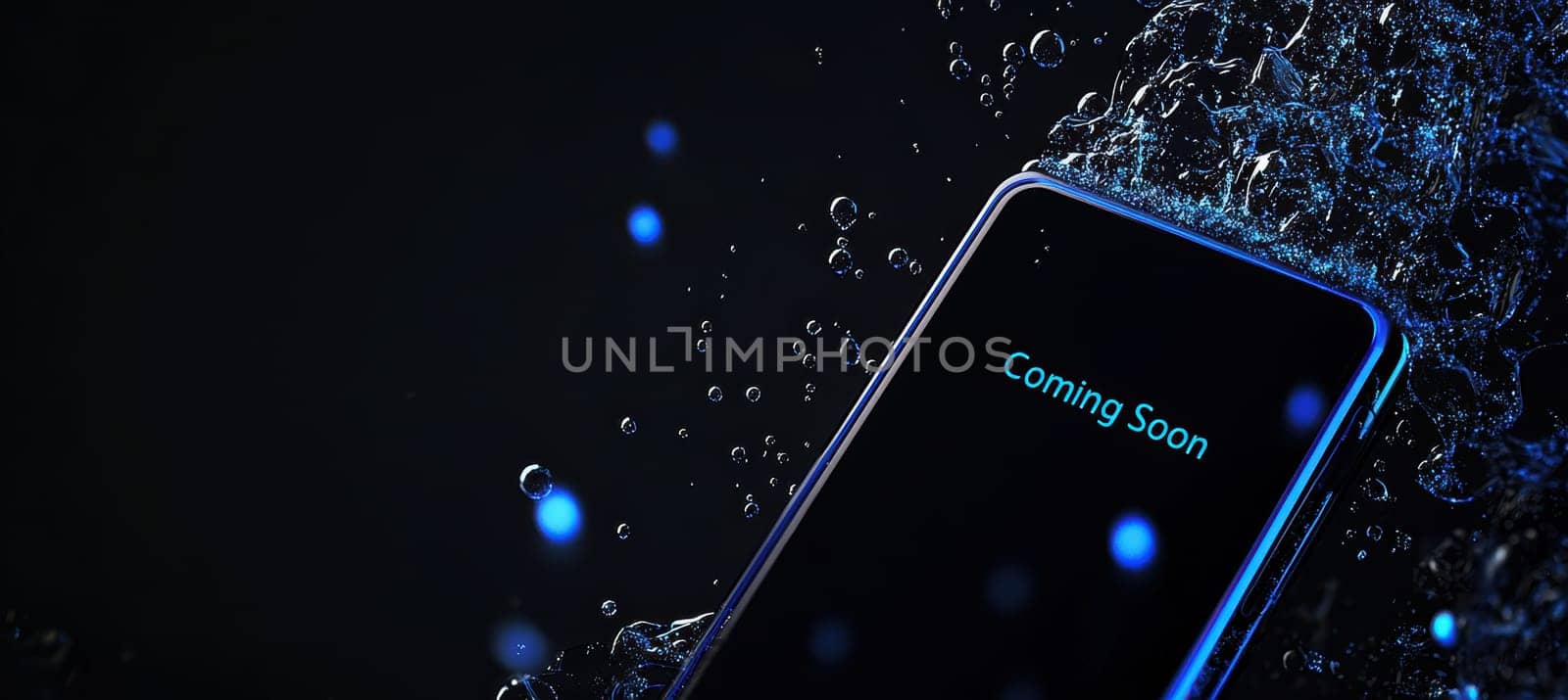 Sleek and futuristic banner design featuring a matte black background with glowing blue edges, suggesting innovation and anticipation. floating particles enhance the high-tech aesthetic with a minimalist text placeholder in a modern font.