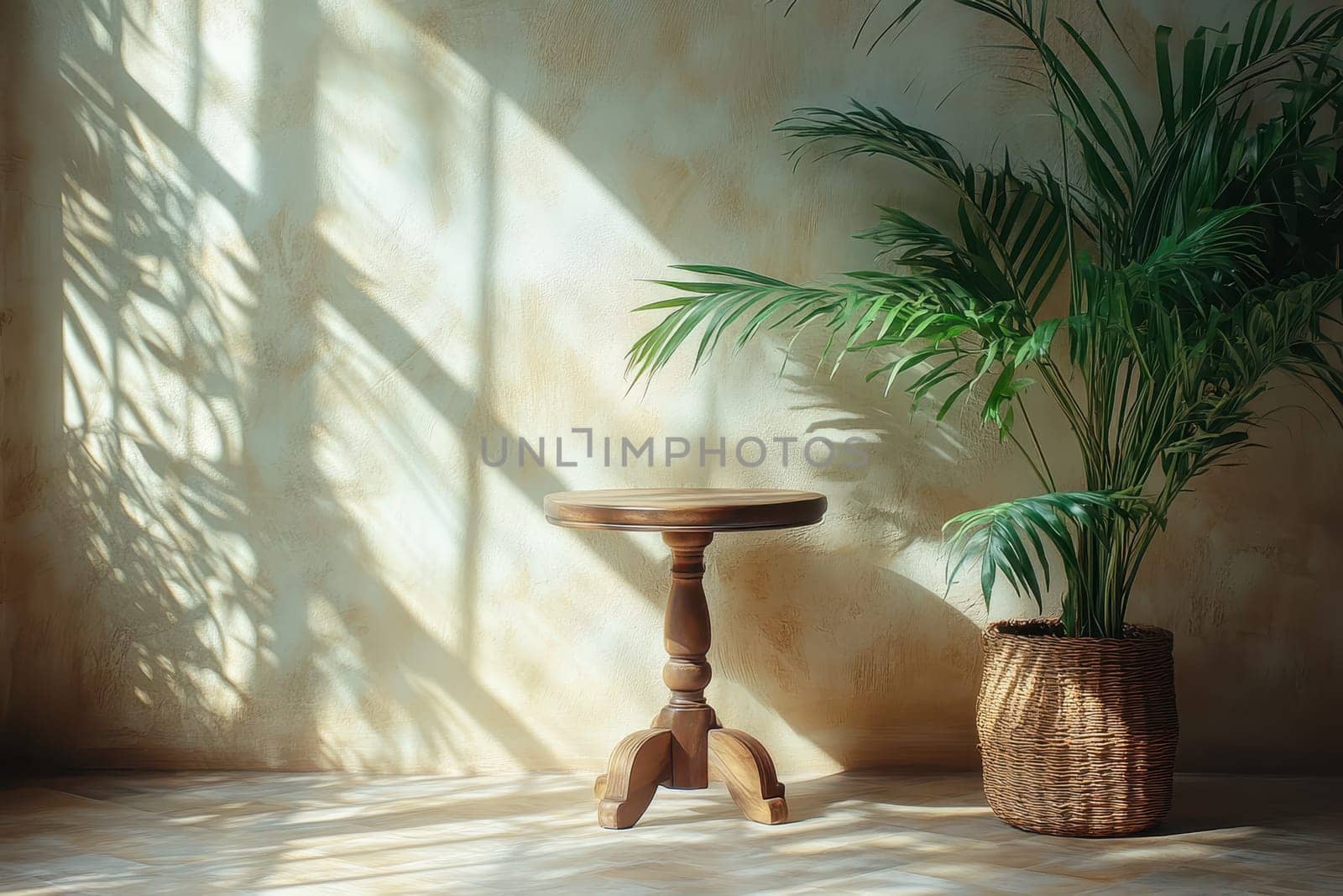A beautiful composition featuring a wooden table and a lush potted plant casting intricate shadows, creating a serene and inviting atmosphere in a sunlit room.
