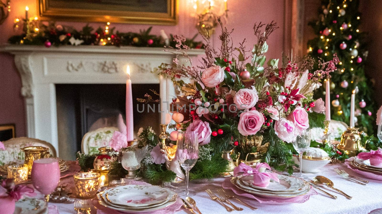 Country manor decorated for Christmas, Merry Christmas holiday idea