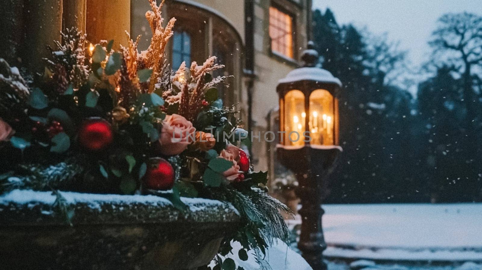 Country manor decorated for Christmas, Merry Christmas holiday idea