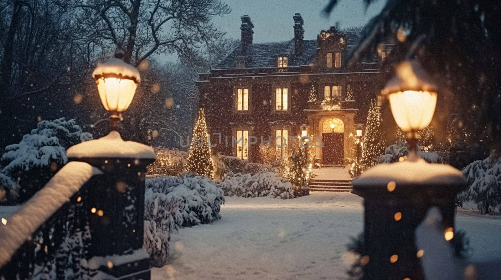 Country manor decorated for Christmas, Merry Christmas holiday idea
