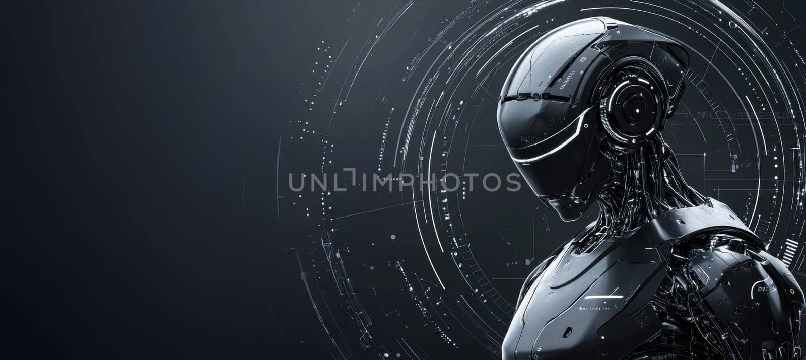 Sleek email signature layout features a metallic silver and dark gray palette, perfect for a robotics specialist. circular frame for profile picture includes robotic arm accents, creating a modern, high-tech aesthetic suited for digital media.