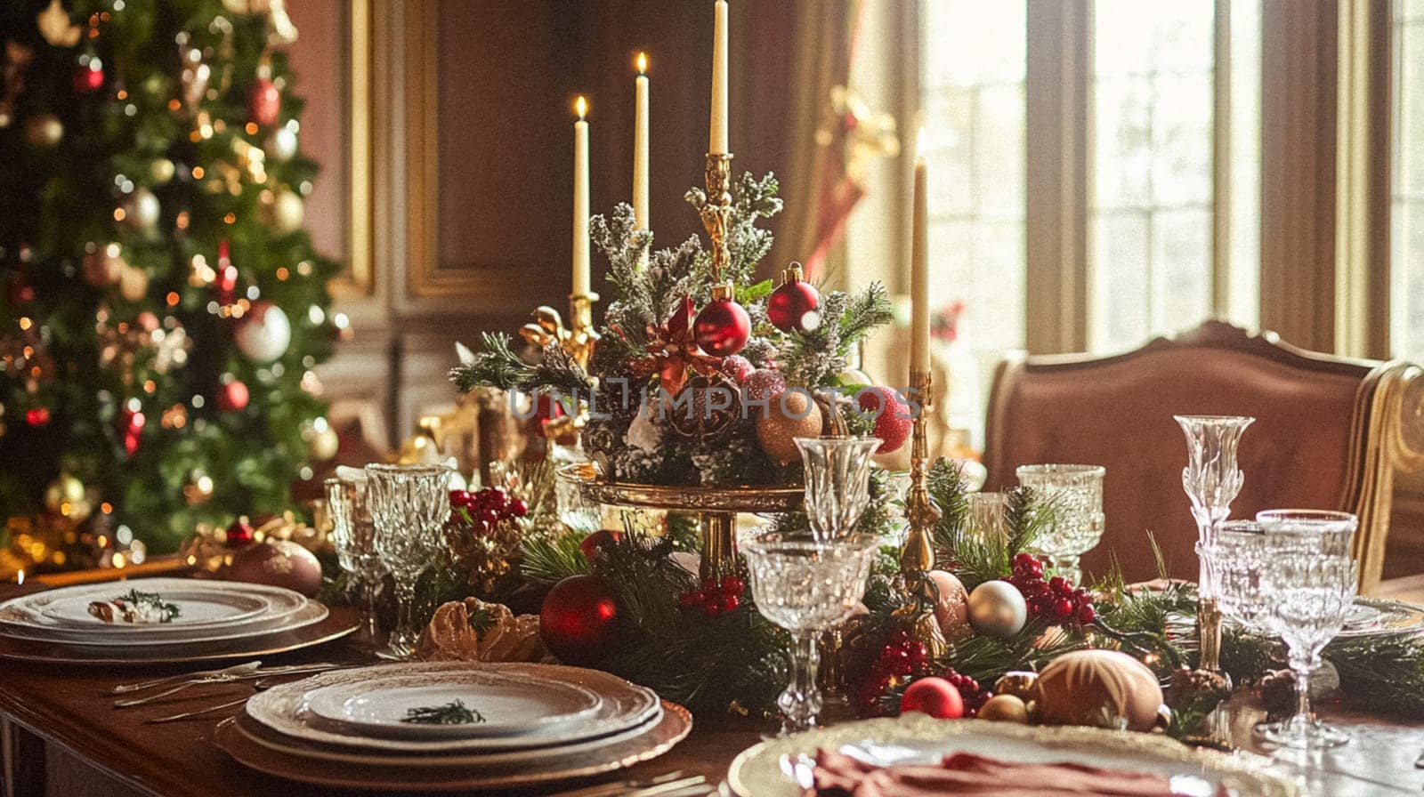 Country manor decorated for Christmas, Merry Christmas holiday idea