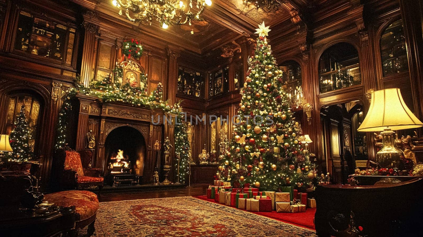 Country manor decorated for Christmas, Merry Christmas holiday idea