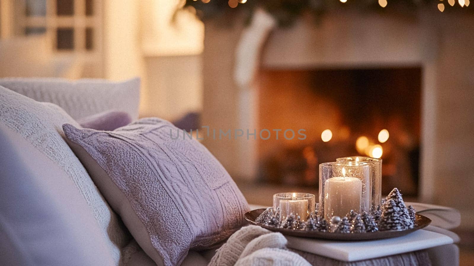Christmas, holiday decor and country cottage style, cosy atmosphere, decorated Christmas tree in the English countryside house living room with fireplace, interior decoration idea