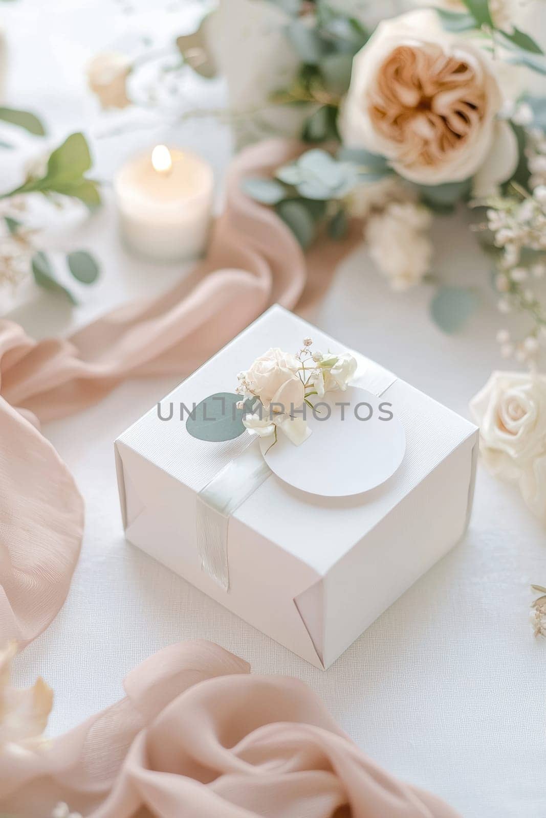 Pastel-colored circular sticker with elegant cursive typography on a white gift box. surrounded by delicate wrapping props and pale pink ribbon, creating a luxurious and sophisticated gift presentation perfect for special occasions.