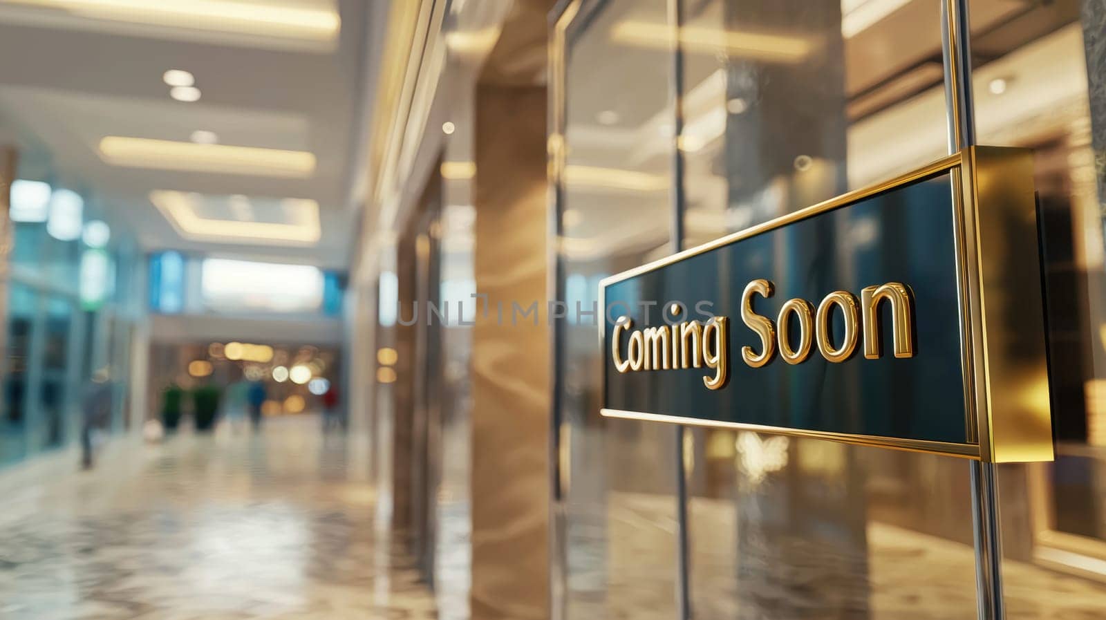 Luxurious shopping mall storefront featuring glossy windows and "coming soon" elegantly inscribed in gold lettering on pristine glass, symbolizing anticipation and exclusivity. ideal for promotion of upscale retail openings.
