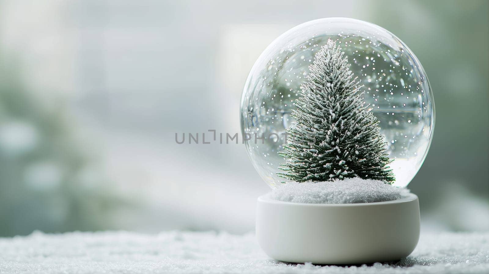 Minimalist snow globe featuring a single pine tree blanketed in snow, set within swirling snowflakes. the design includes a smooth, white ceramic base, offering a clean and modern aesthetic, perfect for enhancing winter decor.