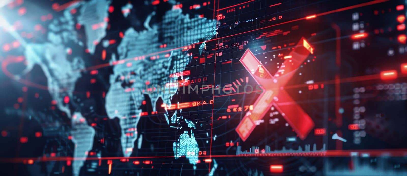 Futuristic holographic display featuring a world map with highlighted areas indicating high narcotics usage. a giant red x symbolizes the urgent need to stop drug abuse. perfect for presentations on global health or awareness campaigns.