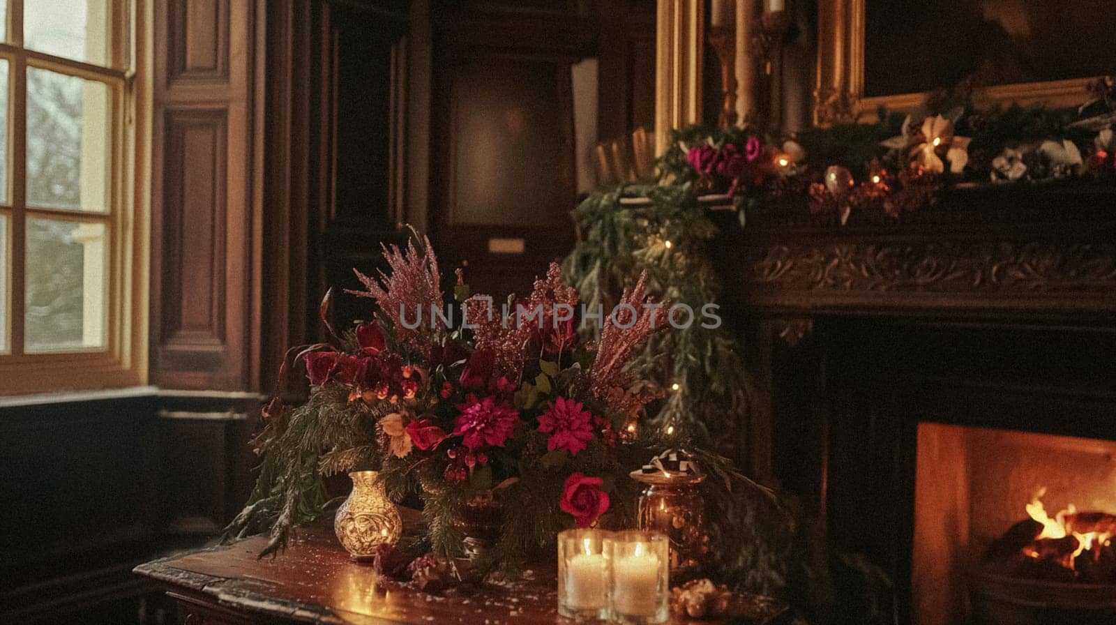 Country manor decorated for Christmas, Merry Christmas holiday idea