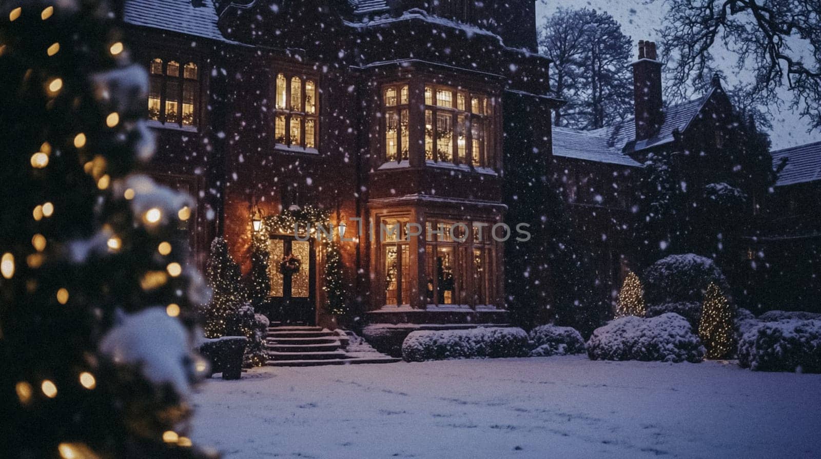 Country manor decorated for Christmas, Merry Christmas holiday idea