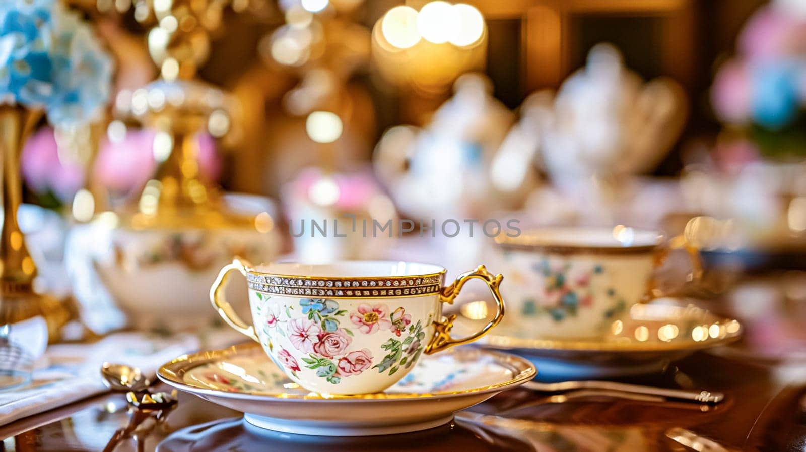 Elegant table setting for tea party with cakes and cupcakes in English manor. Selective focus. Vintage style