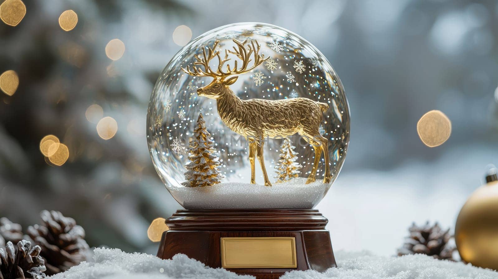 A luxurious snow globe featuring a golden reindeer standing in a snowy forest with shimmering golden snowflakes. the polished mahogany base includes an engraved plaque, perfect for adding a touch of elegance to holiday decor.