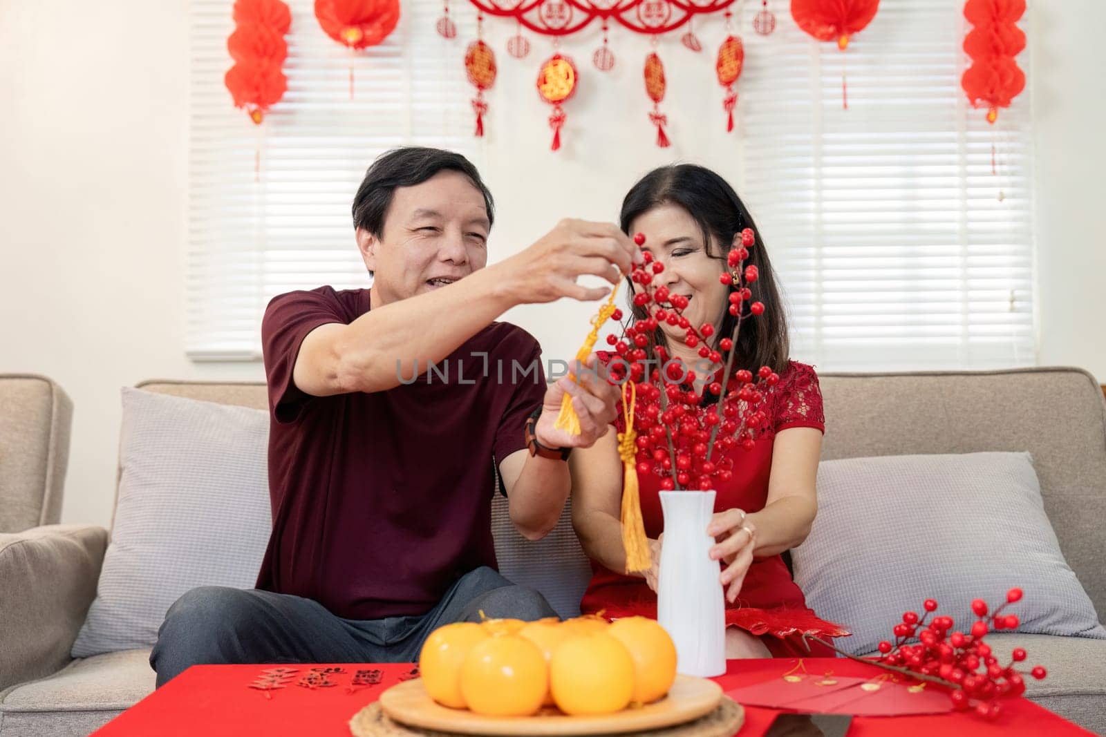 An elderly Chinese couple joyfully prepares their home for Chinese New Year celebrating tradition with love and togetherness.