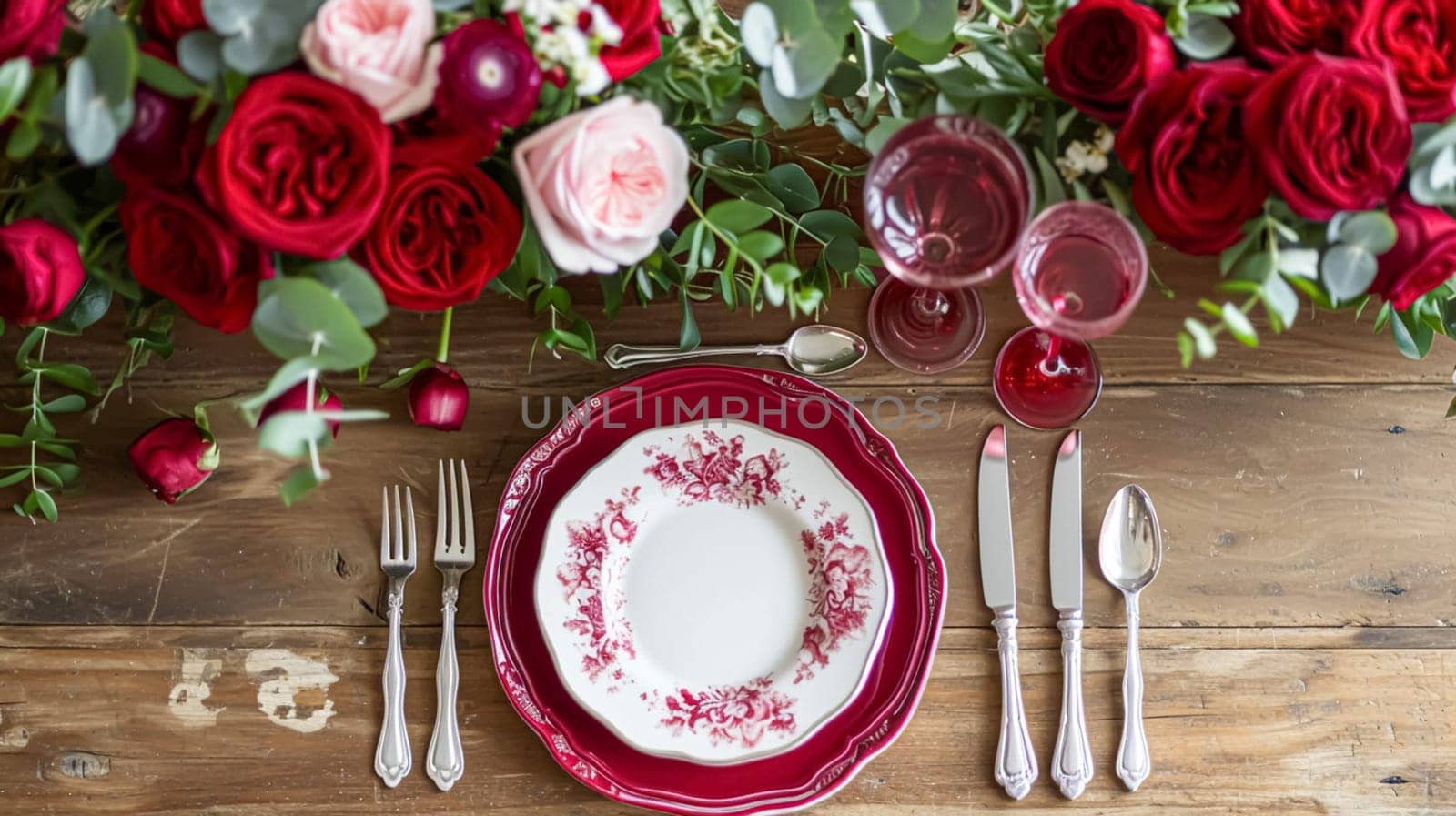 Festive table setting with candles and arrangement of beautiful red flowers. Holiday concept. High quality photo