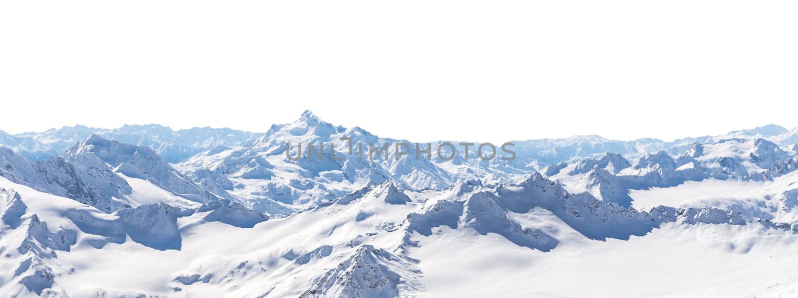 Panorama of winter mountains covered in snow isolated on white background. Mountain peaks in winter