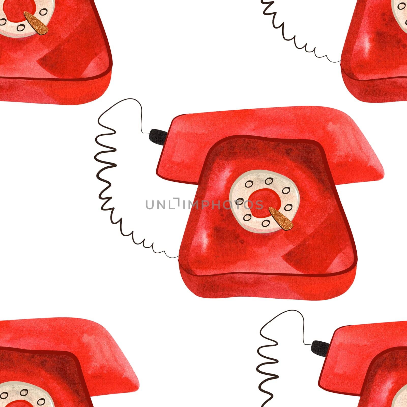Seamless pattern with old red rotary phones from the mid-20th century. Watercolor illustration for textiles and wrapping paper